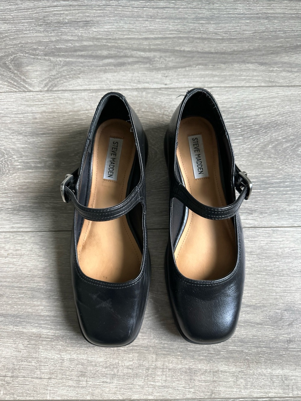 Steve Madden Delancy Black Leather Mary Jane Square Toe Buckle Flat Shoes sz 9M - Picture 2 of 11
